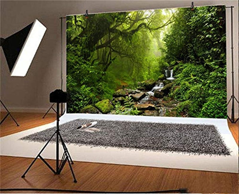 LFEEY 10x8ft Graceful Natural Scenery Backdrop Evergreen Forest Jungle Rock Flowing Mountain Stream Rainforest Photography Background Birthday Party Events Photo Studio Props - Image 2